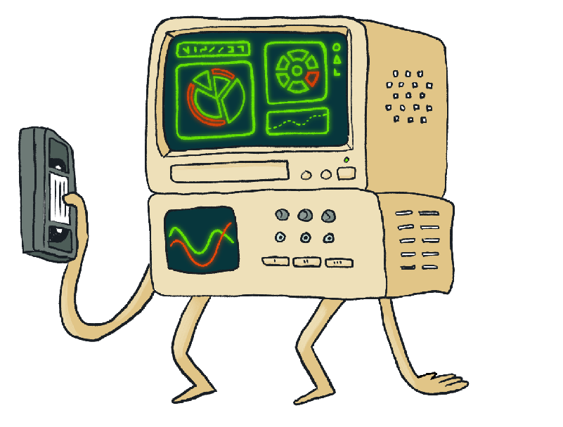 Digital drawing of a robot with an old CRT monitor for a face.
               They have arms and legs and are holding a VHS tape.