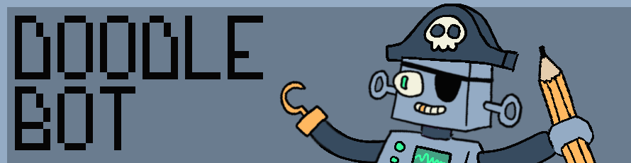 Robot pirate holding a big pencil beside the text Doodle Bot