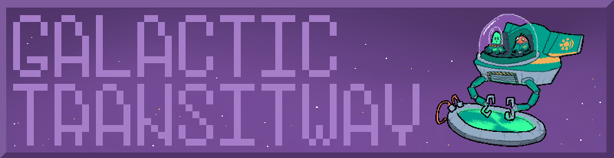 The text 'Galactic Transitway' beside a spaceship floating above a portal